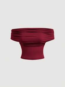 Top casual de mujer de ajuste ceñido de unicolor que se puede usar de 3 maneras para el verano: cuello de capucha, hombros descubiertos, tops estéticos para festivales, atuendos campestres, vacaciones en la playa, té, modesto, baile de graduación, tops lindos - Burdeos - Ver 4