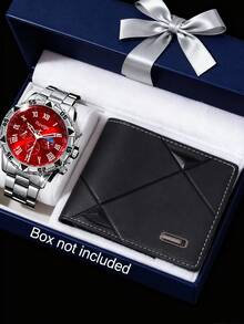 2pcs Men's Stylish Black Textured Watch Set, Includes 1 Multifunctional Quartz Watch And 1 Black Textured Wallet. Featuring Black Metal Strap And Embossed Stitched Leather Design, Sophisticated And Fashionable, Showcasing Masculine Charm. - Black - View 17