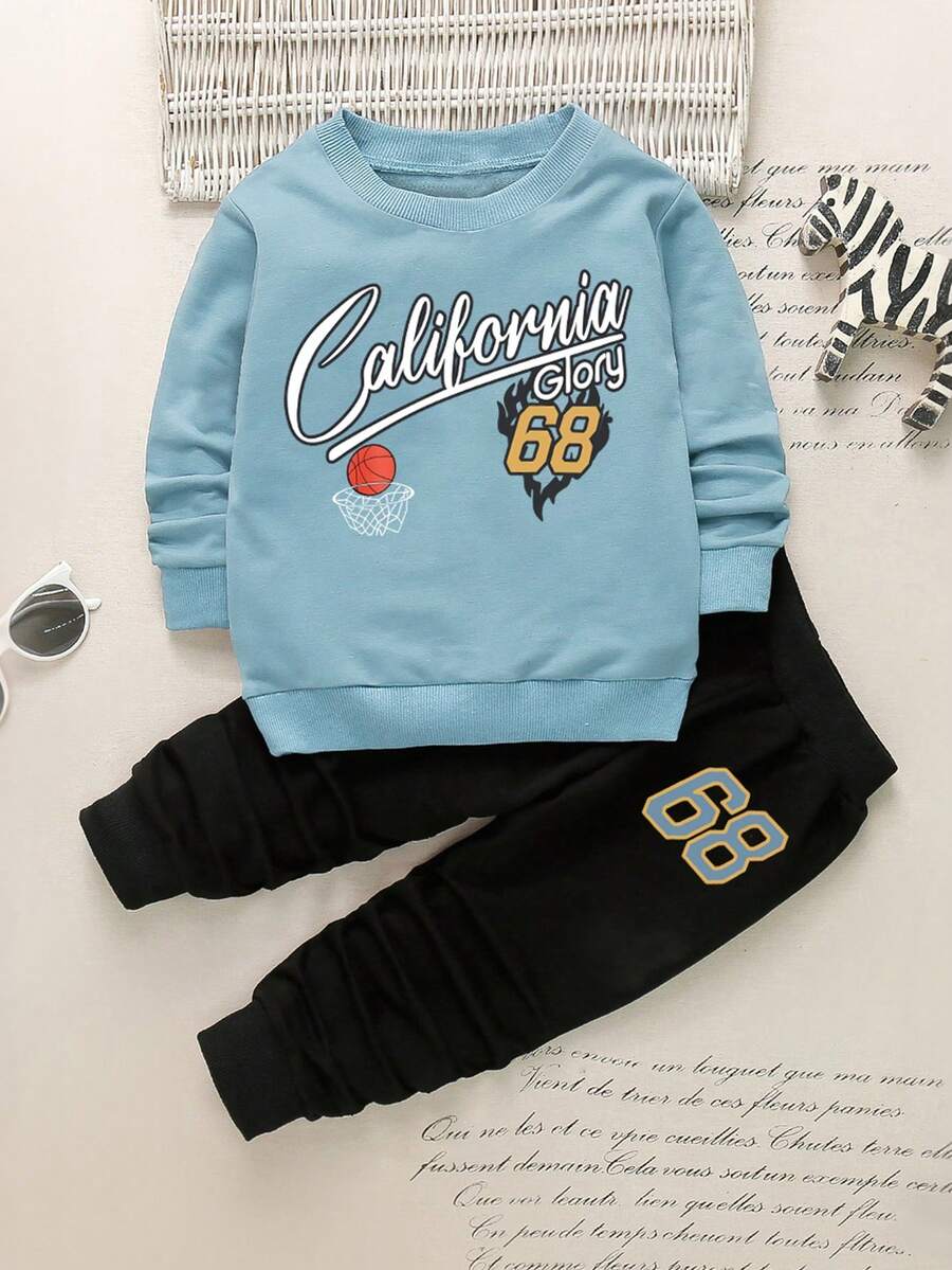 Boys' Letter Graphic Sweatshirt With Matching Sweatpants, Fashionable Autumn/Winter Outfit Set - Blue - View 1