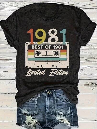 Camiseta de mujer, gráfico de casete vintage 1981, edición limitada, camiseta retro para amantes de la música con lo mejor de los 50. Diseño de 32 metros, camiseta negra de cuello redondo y manga corta, ajuste cómodo para todas las estaciones, top casual inspirado en los 80, camisetas de rock and roll, ropa cómoda para el día a día, tela de atuendo casual, uso diario cómodo, estampado nostálgico, material transpirable, estilo unisex