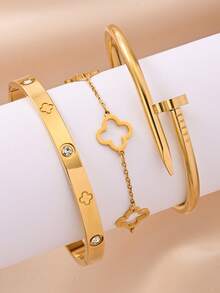 4pcs/3pcs/1pc 18K Gold-Tone Stainless Steel Bangle Bracelets, & Fashionable Accessories Suitable For Everyday Wear, Casual, Gifts For Relatives, Friends, Lovers, Girlfriends, Holidays, Street Style, Music Festivals, Beach Vacations - Gold - View 8