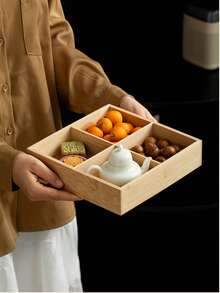 Modern Minimalist Tea Set, Plaid Fruit Plate, Snack & Dried Fruit Tray, Bamboo Plate, Divided Plate, Hot Pot Side Dish Plate - Multicolor - View 3