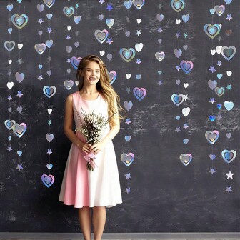 1pc/2pcs Colorful Star & Heart Shaped Holographic Paper Tassel Garland, Hanging Party Decoration, Suitable For Valentine's Day, Engagement, Wedding, Anniversary, Bridal Shower, Birthday Party, Mother's Day