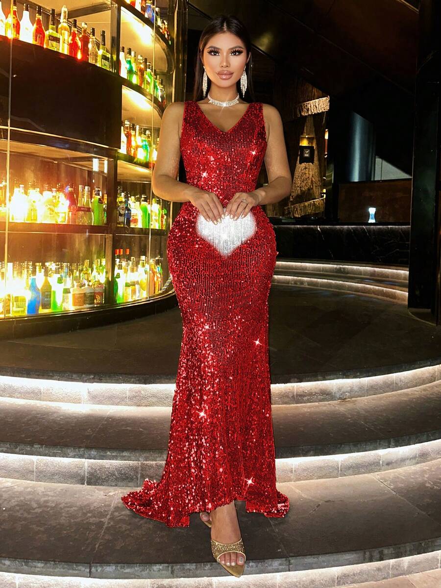 CHOSMO Đầm dạ hội cỡ lớn đính sequin hở lưng thanh lịch, thích hợp cho dạ hội, đám cưới, tiệc sinh nhật, kỷ niệm, lễ tốt nghiệp, lễ hội âm nhạc, tiệc cocktail, tiệc tối trang trọng, chụp ảnh, đi du lịch, biểu diễn sân khấu mùa xuân. - Đỏ - Xem 1