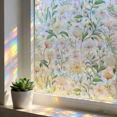 Window Film - Self-Adhesive Static Adhesive Film, Opaque Colourful Privacy Film, Rainbow Look, Flower Pattern, Decoration Film For Living Room, Kitchen, Office