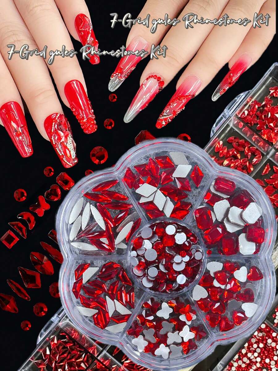 KIRAME 600颗红色平底水钻美甲装饰套装，DIY美甲饰品，美甲宝石，居家DIY美甲，美甲沙龙，美甲用品，万圣节，圣诞节美甲，新年，节日礼物，适用于工艺品、服装、织物、鞋类、玻璃器皿、珠宝制作 - 多尺寸闪亮装饰