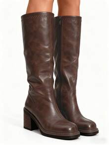 New Autumn/Winter Brown Over-The-Knee Chunky Heel Slim Boots, Classic Black Mid-Calf Riding Boots, Fashion Tall Boots For Women,Party - 棕色 - 查看 2