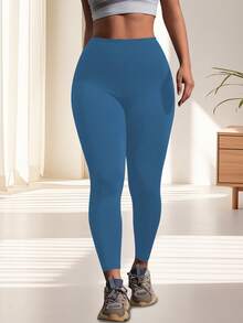 大码女式高腰显瘦休闲运动瑜伽裤，带口袋，柔软塑形纯色打底裤，户外运动休闲健身服 - 天藍色 - 查看 6