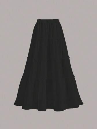 Plain Ruffle Hem Casual Elegant A-Line Skirt, Black, Layered Skirt, Winter Women Clothing