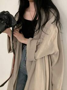 Chaqueta tipo cárdigan holgada de manga larga para mujer Gabardina ligera de color liso para mujer Blusa con protección solar para mujer - Caqui - Ver 4