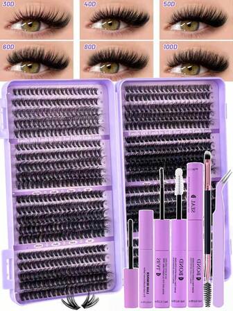 800 piezas Kit de extensión de pestañas, Set de extensión de pestañas DIY, Racimos de pestañas individuales, Rizo D, Incluye pegamento para pestañas, removedor, fijador y pincel aplicador, Conveniente para uso en casa (30D-40D-50D+60D+80D+100D). Set de racimos de pestañas, Adecuado para viajes, uso diario (Fácil para principiantes), boda, cita, fiesta, vacaciones, también excelente para set de pestañas de Navidad/Halloween/regalo.