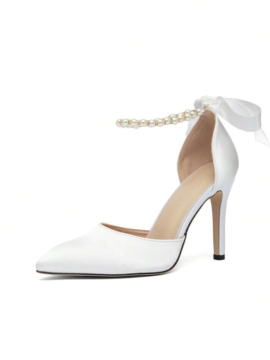 女士新款性感优雅约会之夜派对婚礼蝴蝶珍珠绑带尖头高跟鞋 - 白色 - 查看 1
