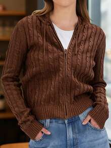 Women's Spring Cable Knit Hooded Cardigan Fashionable Casual Solid Color Long Sleeve Zip Up Sweater Casual Street - 深棕色 - 查看 5