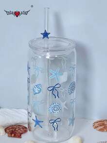 蓝色贝壳蝴蝶结玻璃吸管杯，冰抹茶咖啡吸管冷饮杯，罐形带盖吸管苏打水杯，热咖啡/巧克力吸管杯 - 送给朋友的最佳礼物选择！