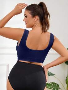 1pc Seamless Wireless Supportive Adjustable Front Hook Closure Comfortable Side Gather Yoga Unpadded Sports Bra For Plus Size Women Spring - Blue - View 4
