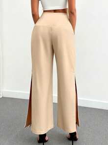 Women's Solid Color Pocket Slit High Slit Casual Office Pants - Apricot - View 2