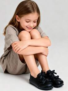 2025圣诞新年礼物,3-12岁女童鞋,双层3D蝴蝶结设计,PU皮革防滑耐磨,低帮圆头平底鞋,优雅甜美公主风皮鞋,适合日常上学和派对活动,畅销款 - 黑色 - 查看 5