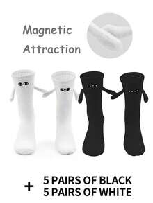 1/2/4/5/10 Pairs Women Black & White Magnetic Couple Socks, Cute Stick-Together Automatic Foot Holding Mid-Calf Socks, Spring/Autumn - Black and White - View 22