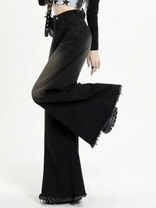 Women's Retro Casual Frayed Hem Loose Wide Leg Jeans, Boyfriend Style Relaxed Fit Denim Pants - Black - View 2