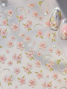 1pc Chinese Mother-Of-Faux Pearl Pink Floral Enchanting Blooming Petals Sparkling Flowers Press-On Nail Stickers 5D Nail Art Botanical Elegant Oriental Self Adhesive Nails For Women's Sophisticated DIY Manicure Decals Nail Supplies - Multicolor - View 9