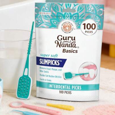 GuruNanda Interdental Picks - 100 Pack Super Soft Flexible Rubber Bristles