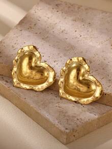 Pendientes con forma de corazón con textura de acero inoxidable chapado en oro de 18K con diseño de martillo de moda, joyas accesorias para mujer - Amarillo Oro - Ver 1