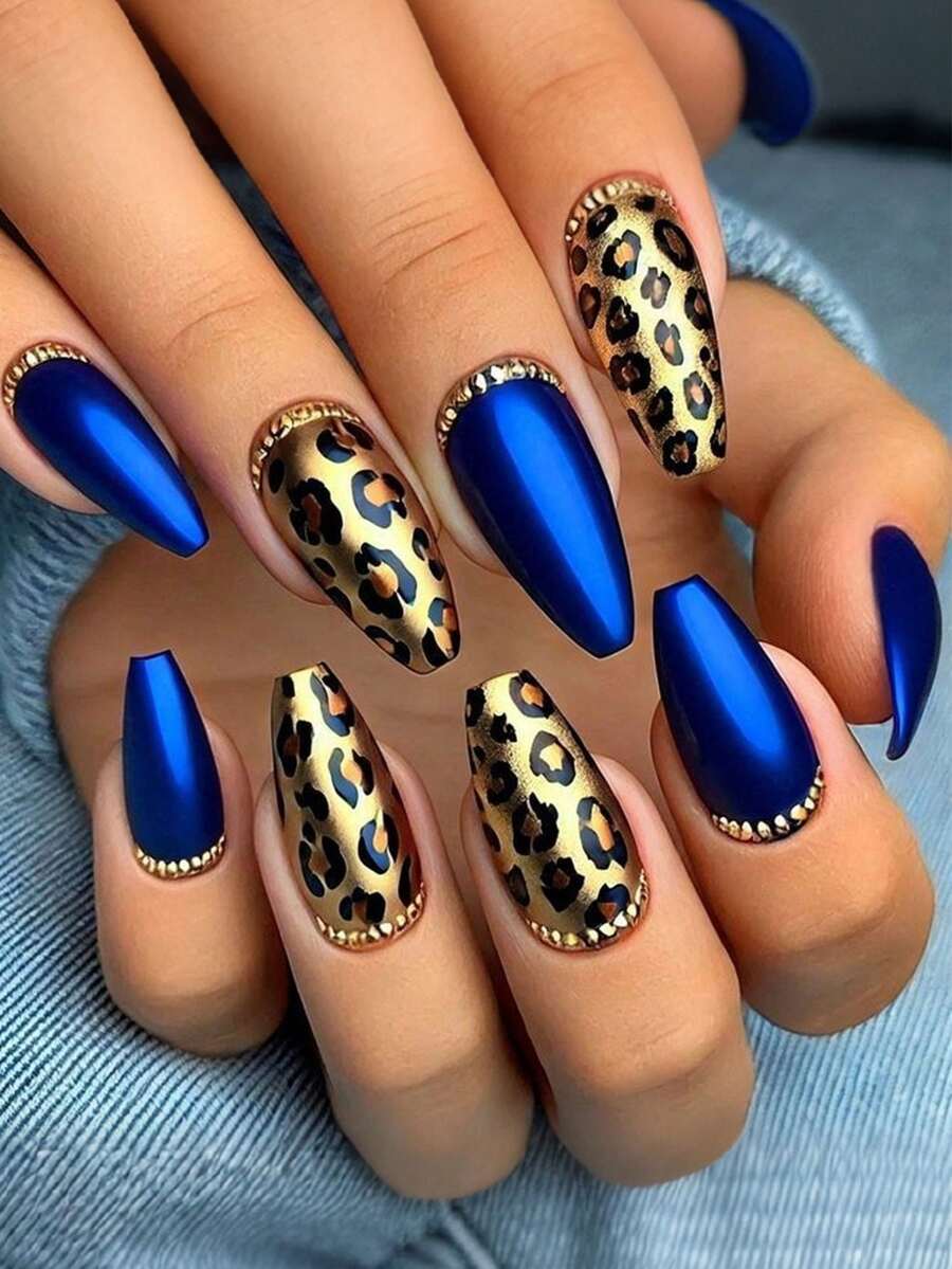 24 miếng dán móng tay hình quan tài in họa tiết da báo, móng giả acrylic màu xanh đậm, thích hợp sử dụng hàng ngày. - Nhiều màu - Xem 1