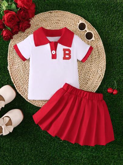 2pcs Baby Girls' Summer Collegiate Style Letter Print Collar Shirt & Pleated Skirt Set, Outdoor Outfit