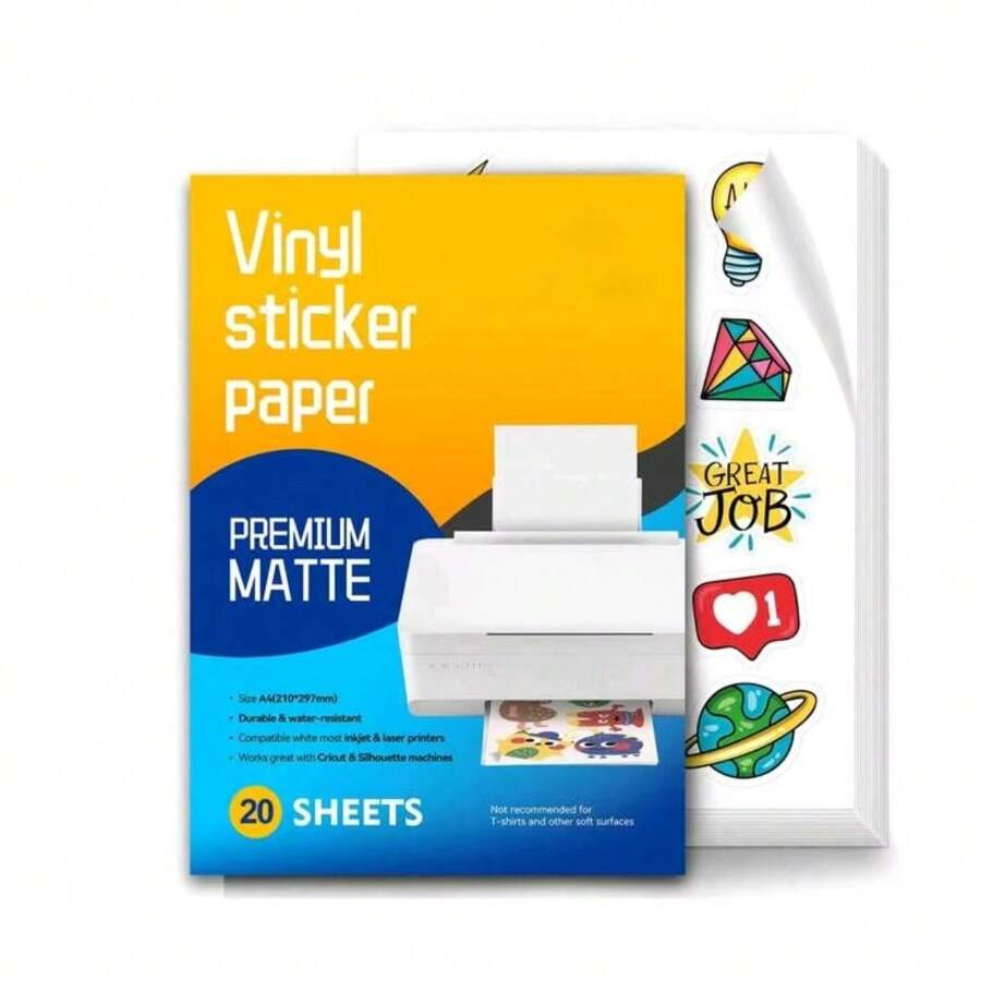 20/40/50 ورقة A4 من ورق الملصقات المطبوع من البولي إيثيلين التيرفثالات للطابعات النفاثة للحبر، أبيض مطفي مقاوم للماء، ورق ملصقات لاصق ذاتي 8.3 بوصة * 11.7 بوصة - يجف بسرعة ويحتفظ بالحبر بشكل رائع - مادة - مشاهدة 1