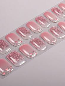 22片装UV无紫外线凝胶美甲贴纸，可爱甜美闪亮爱心法式水晶美甲贴，甜美配色搭配闪耀爱心波点设计，沙龙品质，低过敏性，易于粘贴和卸除，适合女士和女孩日常约会派对时尚美甲用品 - 西瓜粉 - 查看 3