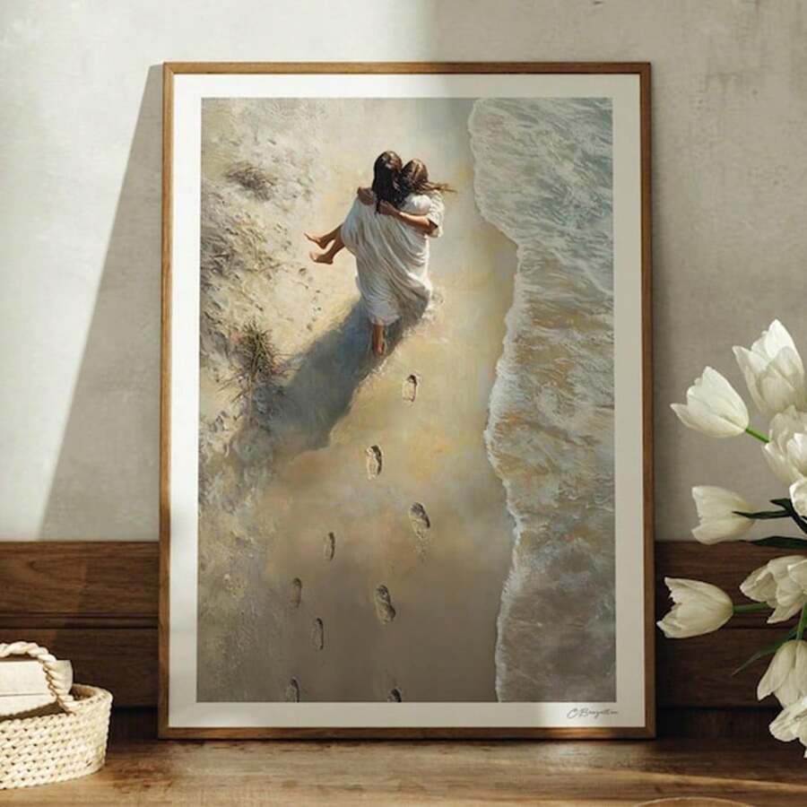 1pc Unframed Canvas Beach White-Clad Figure Embrace Healing-Style Decor – Fits Cozy Bedroom/Faith-Themed Space Wall Decor (All Seasons); Ideal For Faith-Themed Decor Lovers, Warm Healing Style Enthusiasts - Multicolor - View 1