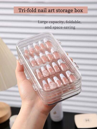 3-Fold Acrylic Portable Wearable Nail Display Case With Transparent Dust Cover, Suitable For Press-On Nails, Travel Manicure Set, For Nail Salons, DIY Nail Enthusiasts, Christmas And Valentine's Day Gifts