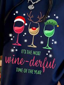 Women's Top, A Burgundy Holiday Sweater, Perfect As A Christmas And New Year's Gift. Features A Round Neckline, Loose Fit, Soft And Warm Material, Suitable For Winter Holiday Parties, And Is A Perfect Gift Choice. Casual Style, Loose Fit, Thick And Warm, Suitable For Autumn And Winter, Comfortable For Everyday Wear, Fashionable Street Style, Long-Sleeved Pullover Sweatshirt. - Navy Blue - View 9