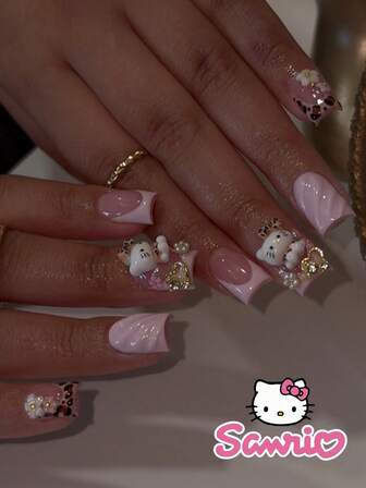 Sanrio 24 pezzi di unghie finte corte e quadrate, con stampe di Hello Kitty, leopardo, francese, marrone, rosa, fiori, cromato in lega, acrilico, da applicare con pressione, set di arte di unghie con gel, adatto per uso quotidiano, appuntamenti e feste delle donne