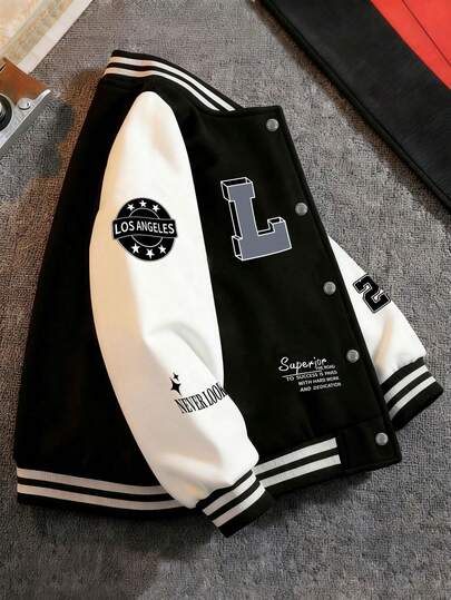 1 件男童和青少年时尚字母印花拼色 V 领套头运动衫夹克，秋冬