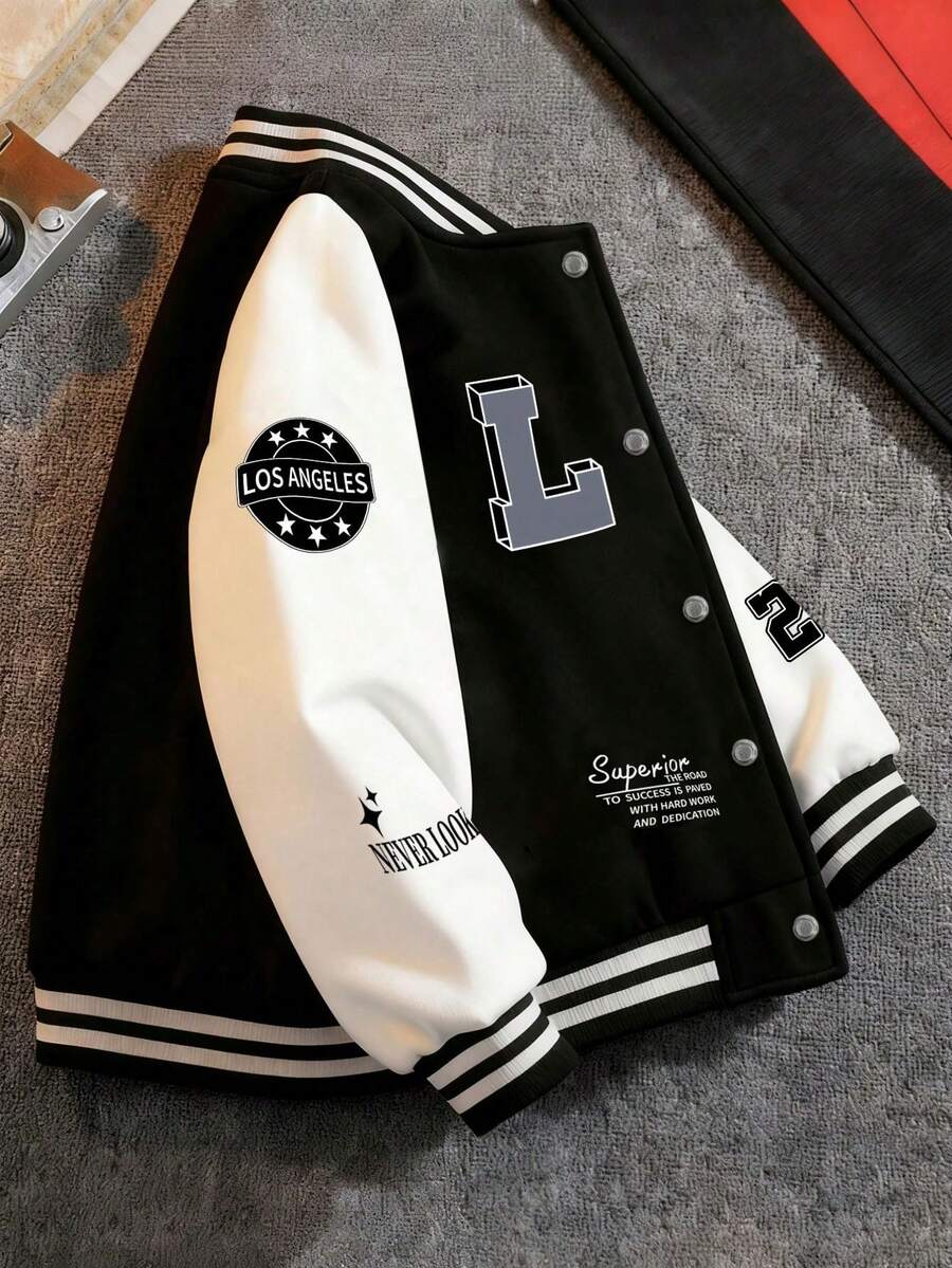 1pc Tween Boys Fashion Letter Print Color Block V-Neck Pullover Sweatshirt Jacket, Autumn/Winter - Black - View 1