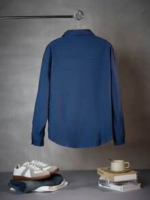 Áo sơ mi nam LOOKUN kẻ sọc, màu trơn, kiểu dáng cổ điển, thời trang tối giản, công sở, thường ngày, đi nghỉ mát, tay dài, cổ bẻ, dáng rộng, thích hợp cho mùa xuân/thu. - Xanh đậm - Xem 5