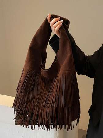 Bolso de hombro y axila de diseño con flecos de ante vintage en burdeos, marrón y café, nuevo diseño de nicho 2024 estilo americano de viajero, moda, adecuado para damas y chicas, bolso tote de gran capacidad