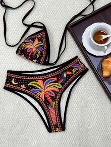 新款女士休闲热带椰树印花系带比基尼泳衣两件套 - 黑色 - 查看 4