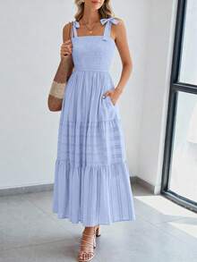 Women Summer Sleeveless Tie Shoulder Strap Smocked High Waist A-Line Long Maxi Dress Boho Beach Holiday Vacation Valentine Sundress With Pockets - 淺藍色 - 查看 4