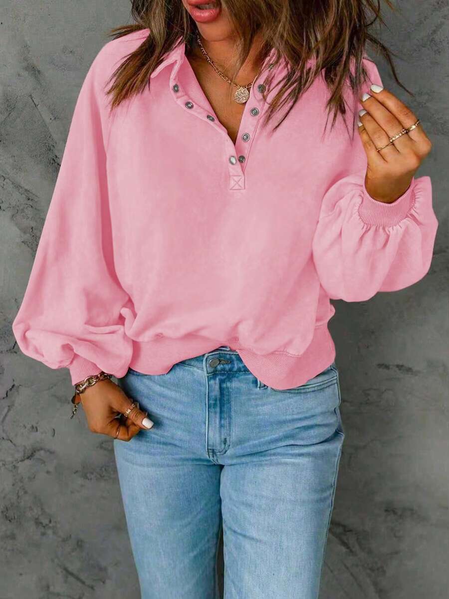 Plus Size Women's Solid Color Button Lantern Sleeve T-Shirt - Pink - View 1