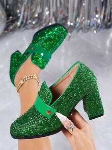 2026 Spring New Fashion European And American Style Square Toe Thick Heel Loafers Women Low Vamp British Small Leather Shoes - Green - View 1