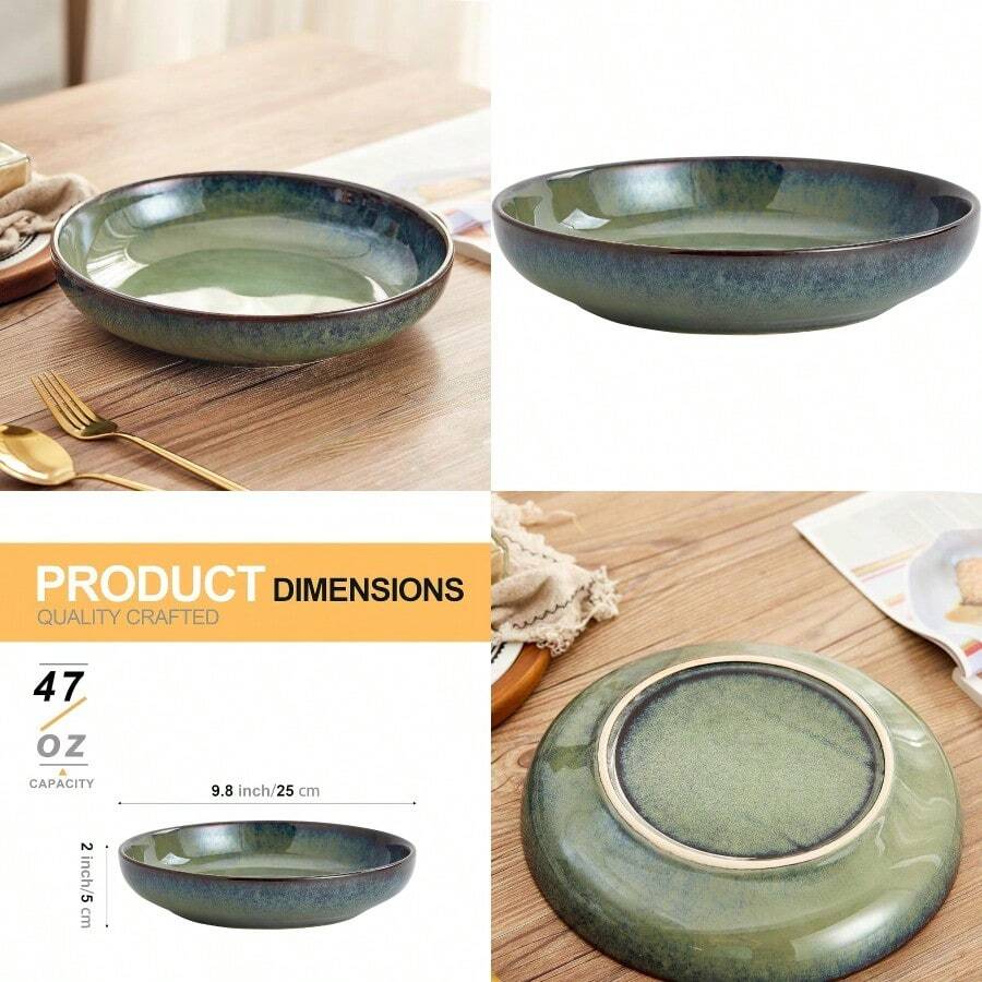 Reactive Glaze Serving Pasta Bowl10 Inch Ceramic Wide Pottery Salad Bowls 50 Ounce Large Big Decorative Fruit Dish For Kitchen Microwave Oven Dishwasher  Green - LightGreen - View 1