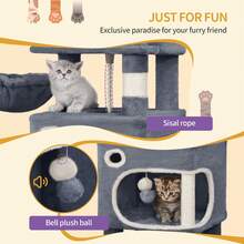 HEXCELEN 62.6" Cat Tree, Multi-Level Cats Condo With 8 Scratching Posts, Cat Tower For Indoor Cats, 3 Platforms, 2 Caves, Basket, Plush Balls, Sisal Rope, Anti-Tip Kit, Light Grey - Dark Grey - View 5