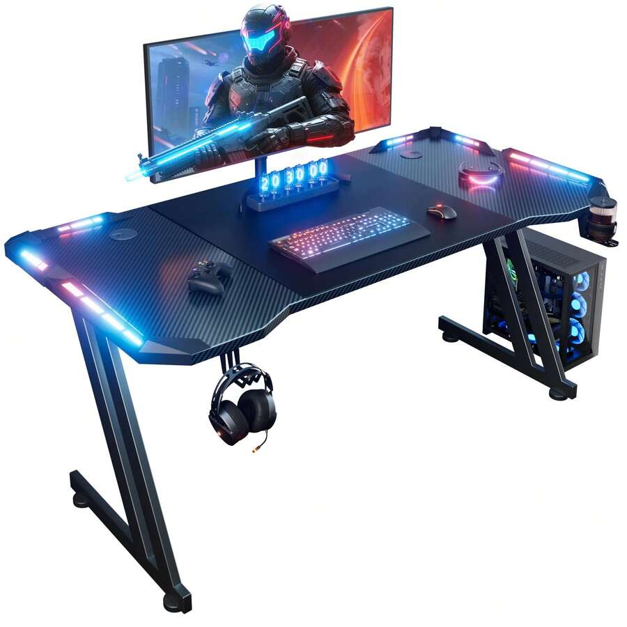 HLDIRECT Gaming Desk With LED Lights Carbon Fibre Surface Gaming Table Large Computer Desk Ergonomic Home Office Desks Z Shaped PC Gamer Workstations With Cup Holder & Headphone Hook - 黑色 - 查看 1