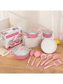 Juego de ollas de 13 piezas, juego de cocina de inducción de olla de piedra de 13 piezas, olla multifunción, olla antiadherente, juego de ollas antiadherentes multifunción de gran capacidad, juego de cocina antiadherente para estufa eléctrica doméstica, juego de utensilios de cocina, suministros de cocina, herramientas de cocina, apariencia exquisita, operación simple, superficie de cocción antiadherente resistente a los arañazos sin PFOA, adecuada para todo tipo de estufas, adecuada para el hogar, la escuela, los viajes, la tienda (azul, morado, rosa, negro) - Rosa - Ver 1