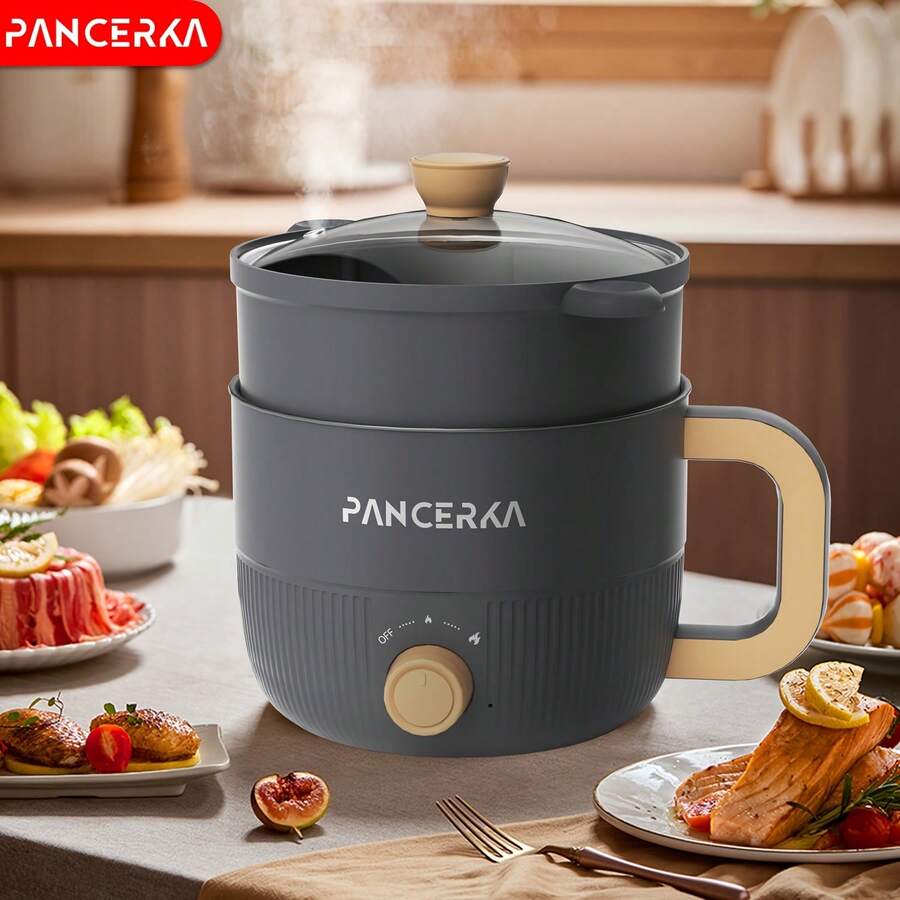 PANCERKA 1.0 L Mini Electric Cooking Pot, Multifunctional Electric Cooking Pot With Steamer, Non-Stick Layer Mechanical Knob Type, Household Electric Hot Pot, EU Plug