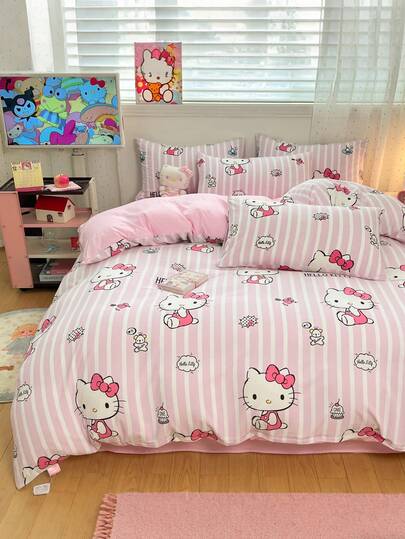 SANRIO 3pcs Printed Bedding Set - 1 Duvet Cover + 2 Pillowcases (Without Filler), Cartoon Full Size, Soft & Comfortable, Suitable For Dorm, Home Bedroom, Hotel, All Seasons, With Zipper Closure And Pillowcases, Multiple Colors Available, Plus Size Bedding Set