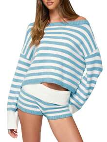 Women Striped Sweater Set Long Sleeve Sweater And Shorts Set 2 Piece Fall Matching Set Loungewear - 藍色 - 查看 2