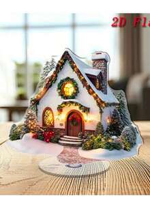 2 pezzi Villaggio natalizio in acrilico 2D con renne e capanna, decorazione da tavolo per le vacanze, decorazione natalizia da collezione, senza elettricità, adatta per casa e ufficio, decorazione da giardino esterno, stampa piatta 2D, senza piume